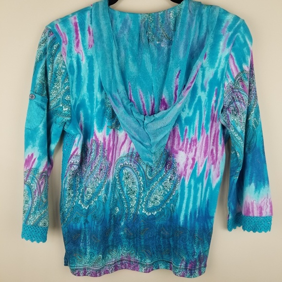 Forbidden Blue Pink Paisley Top with Hood Cotton L - Picture 6 of 7
